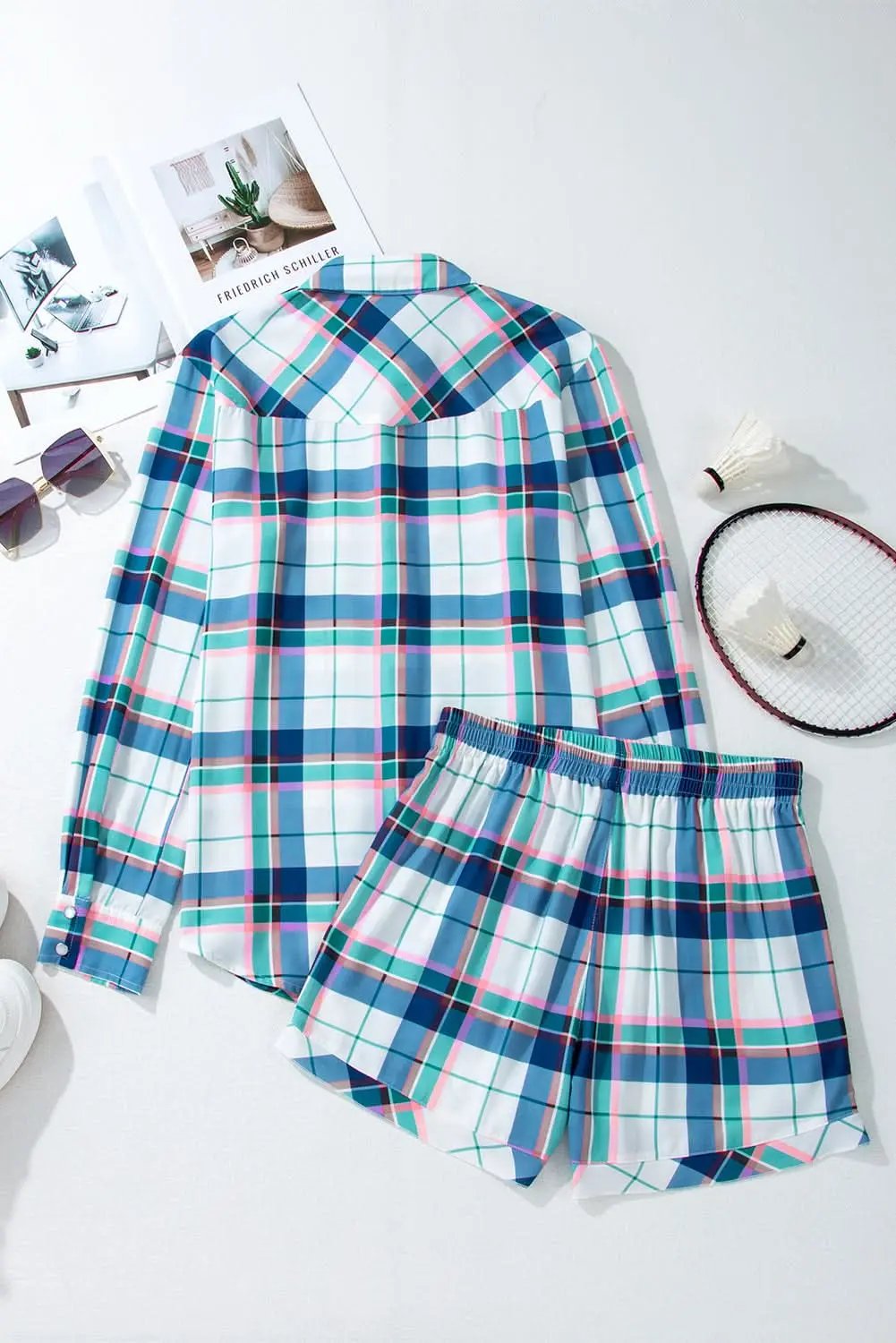 Chic blue plaid loungewear set - Love Salve